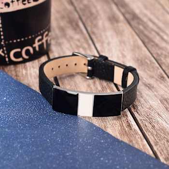 Mens Black Leather, Stainless Steel and Enamel Bracelet