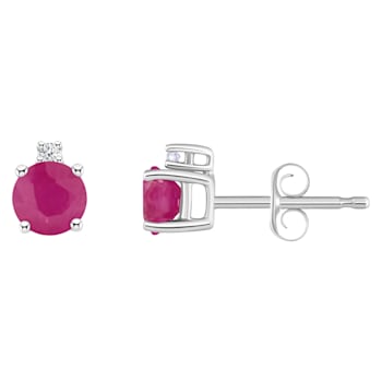 4mm Round Ruby with Diamond Accents 14k White Gold Stud Earrings