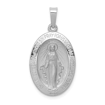 Rhodium Over 14k White Gold Satin Miraculous Oval Medal Pendant
