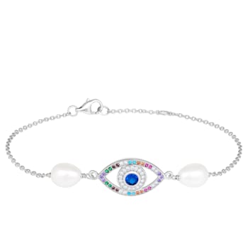 Sterling silver rhodium plated bracelet with 7.5-8mm freshwater pearls
and multicolored CZS