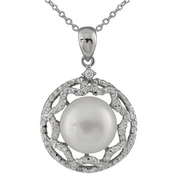 11-12mm Button White Cultured Freshwater Pearl and CZ Rhodium Over
Sterling Silver Pendant