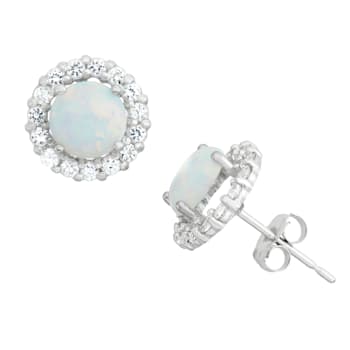 Lab Created Opal 10K White Gold Halo Earrings 1.45ctw