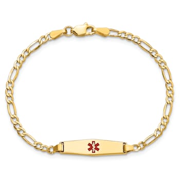 14k Yellow Gold Medical Soft Diamond Shape Red Enamel Figaro Link ID Bracelet