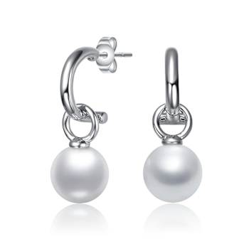 Shell Pearl Drop Huggie Earrings In White Rhodium Over Brass