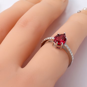 Red Lab Created Ruby with Moissanite Accents Sterling Silver Pear Shape
Teardrop Solitaire Ring