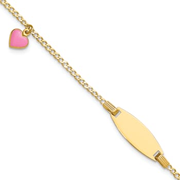 14k Yellow Gold Polished Kids ID with Pink Enameled Puffed Heart Bracelet