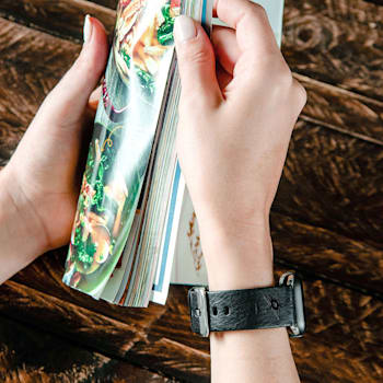 Gametime NHL Dallas Stars Black Leather Apple Watch Band (42/44mm S/M).
Watch not included.