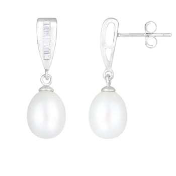7-8mm White Cultured Freshwater Pearl and Cubic Zirconia Rhodium Over
Sterling Silver Earrings