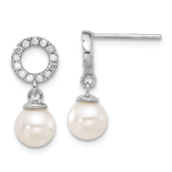 Rhodium Over 14K White Gold 6-7mm Round White Akoya Cultured Pearl and
0.20ctw Diamond Earrings