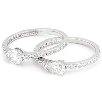 Moissanite Pear and Round Ring Set in Platinum Silver