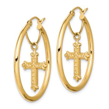 14k Yellow Gold 1 1/4" Diamond-Cut Cross Dangle Hoop Earrings