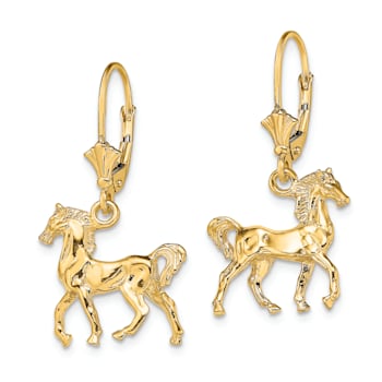 14k Yellow Gold 3D Polished and Textured Horse Dangle Earrings