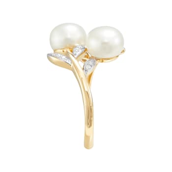 7-7.5mm Round White Freshwater Pearl with White Topaz Accents 10K Rose
Gold Leaf Design Ring