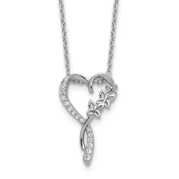 Rhodium Over Sterling Silver Cubic Zirconia Butterflies Heart with
2-inch Extension Necklace