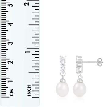 7-8mm White Cultured Freshwater Pearl and Cubic Zirconia Rhodium Over
Sterling Silver Earrings