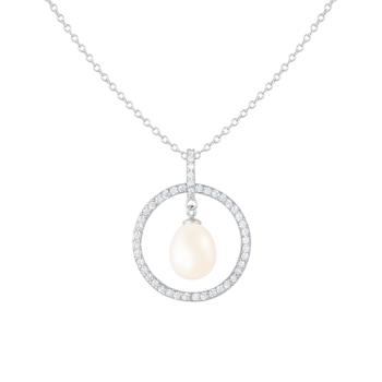 8-9mm Drop White Cultured Freshwater Pearl and CZ Rhodium Over Sterling
Silver Pendant