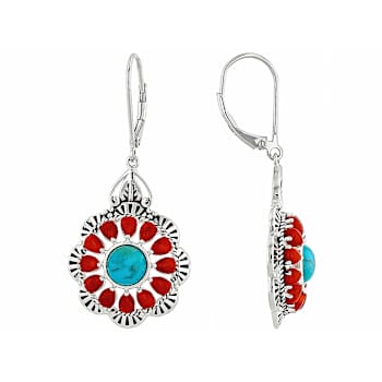 Turquoise And Coral Dangle Sterling Silver Earrings 7mm