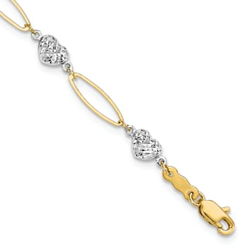 14K Two-tone Puff Heart and Flat Oval Bracelet