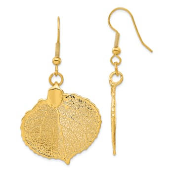 24k Yellow Gold Dipped Aspen Leaf Gold-tone Dangle Earrings