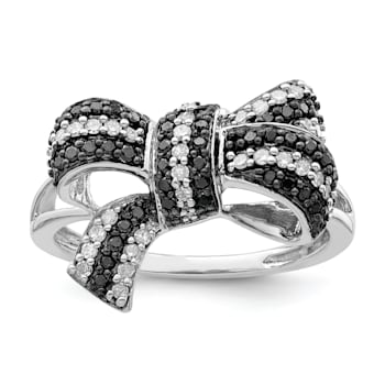 Rhodium Over Sterling Silver Black and White Diamond Bow Ring