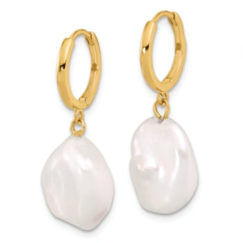 14K Yellow Gold 11-12mm Keshi White Freshwater Cultured Pearl Dangle
Hoop Earrings
