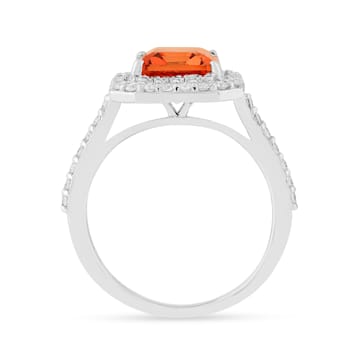 Peach Orange Lab Created Padparadscha Sapphire & Moissanite Rhodium
Over Silver Halo Ring