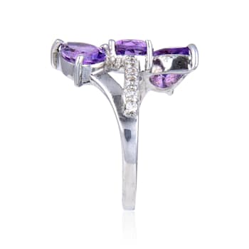 Amethyst and White Topaz Sterling Silver Bypass Ring, 3.78ctw