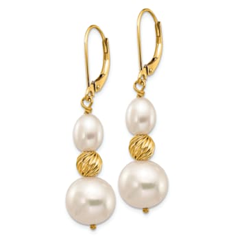 14K Yellow Gold 6-10mm White Freshwater Cultured Pearl and Diamond-cut
Bead Leverback Earrings