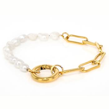 Paperclip And Cultured Pearl Strand Bracelet In Gold-Tone 7.5mm