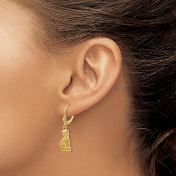 14k Yellow Gold Satin Cat Dangle Earrings