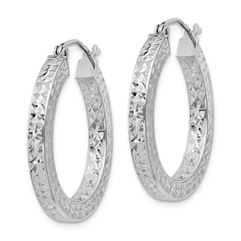 Rhodium Over Sterling Silver Diamond-cut 3x25mm Square Tube Hoop Earrings