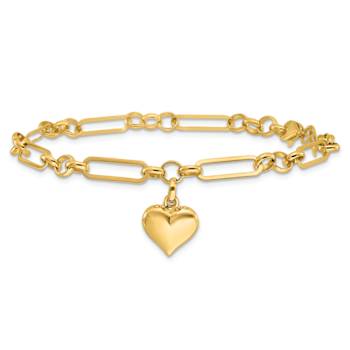 14k Yellow Gold Polished Heart Charm Link Bracelet