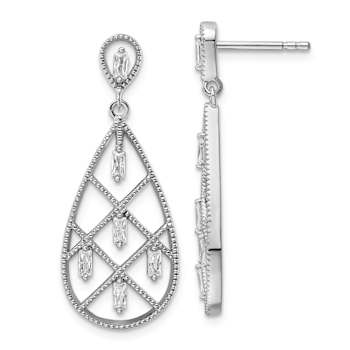 Rhodium Over Sterling Silver Textured Cubic Zirconia Teardrop Dangle Earrings