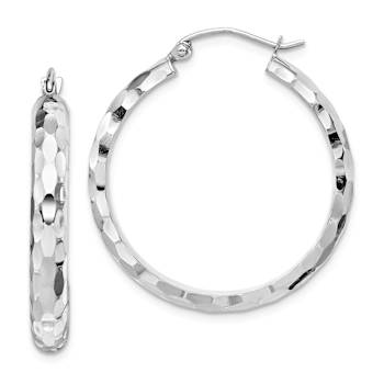 Rhodium Over 14k White Gold Diamond-Cut 13/16" Hoop Earrings