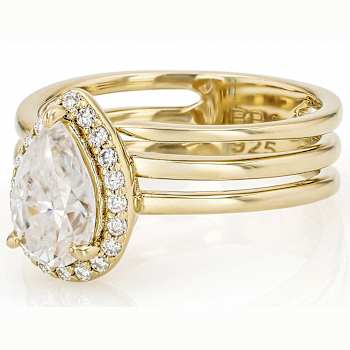 Pear Shape Moissanite Halo Ring In 14K Gold Over Sterling Silver