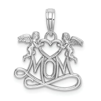 Rhodium Over 14k White Gold Mom with 2 Angels Holding Heart Charm