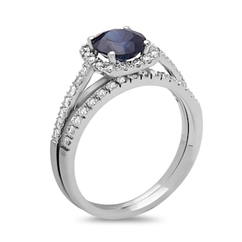 1.50ctw Sapphire and Diamond Engagement Ring with Band Ring in 14k White Gold