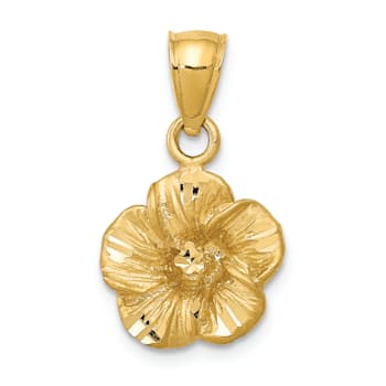 14k Yellow Gold Satin and Diamond-Cut Hibiscus Pendant