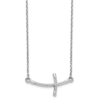 Rhodium Over 14K White Gold Large Sideways Curved Twist Cross Necklace