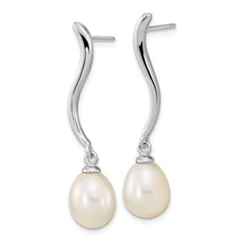 Rhodium Over Sterling Silver 7x9mm Teardrop Freshwater Cultured Pearl
Dangle Earrings