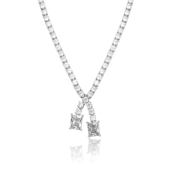 Clear Cubic Zirconia, Rhodium Plated over Sterling Silver Two-Stone
Tennis Collar Necklace 29.43ctw