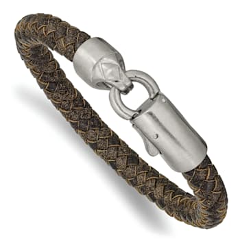 Brown Leather and Stainless Steel Brushed 8.25-inch Bracelet