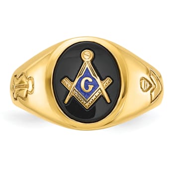 10K Yellow Gold Men's Grooved Onyx Blue Lodge Master Masonic Ring