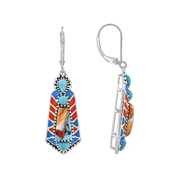 Spiny Oyster, Turquoise And Enamel Sterling Silver Dangle Earrings 12x6mm