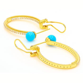 Pave White Zircon and Turquoise Hoop Earrings In 18K Gold Over Sterling
Silver 0.34ctw