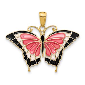 14k Yellow Gold Multi-Colored Enameled Butterfly Pendant