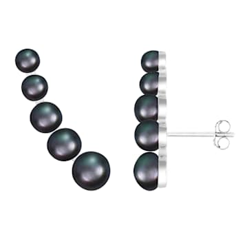 5-8mm Black Cultured Freshwater Pearl Rhodium Over Sterling Silver Earrings