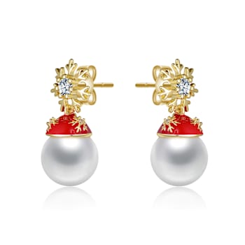 Festive Snowflake And Santa Hat Shell Pearl And CZ Drop Earrings In 14K
Gold Over Brass
