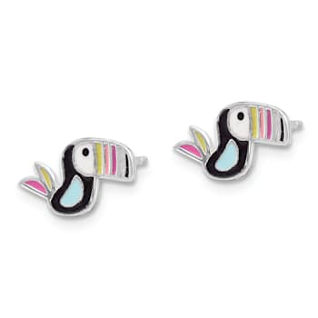 Rhodium Over Sterling Silver Enameled Toucan Bird Children's Post Earrings