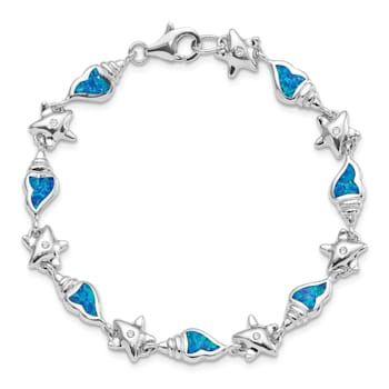 Rhodium Over Sterling Silver Starfish Cubic Zirconia and Lab Created
Opal Seashell Bracelet